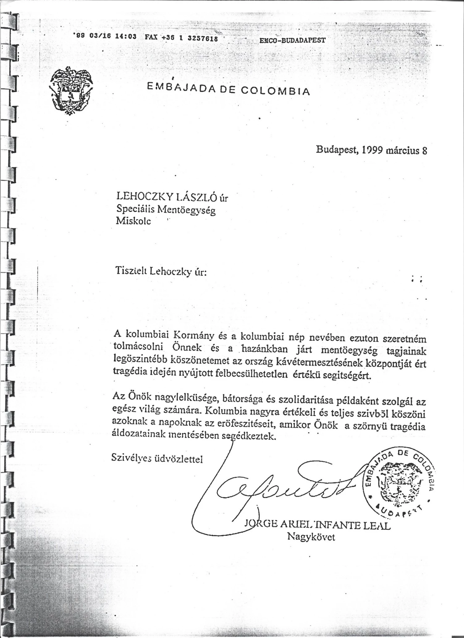 1999 Kolumbia Elismerés