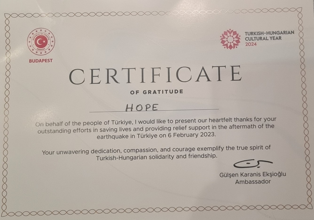 2024. február 8. Török Nagykövetség Elismerés - Hope Mentőkutya